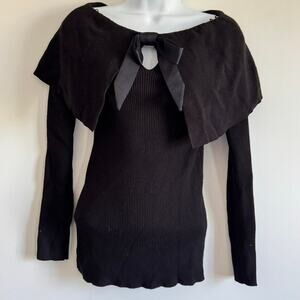 Black Knit Long Sleeve Top Cape Overlay & Satin Bow Dark Romantic Girly SIZE XS